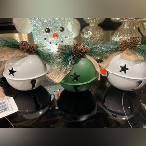 NWT Christmas House White & Green Sleigh Jingle Bell Ornaments 3.5”